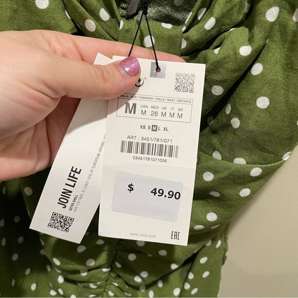 Zara Linen Blend Polka Dot Mini Dress Green White Size Medium - Picture 5 of 10